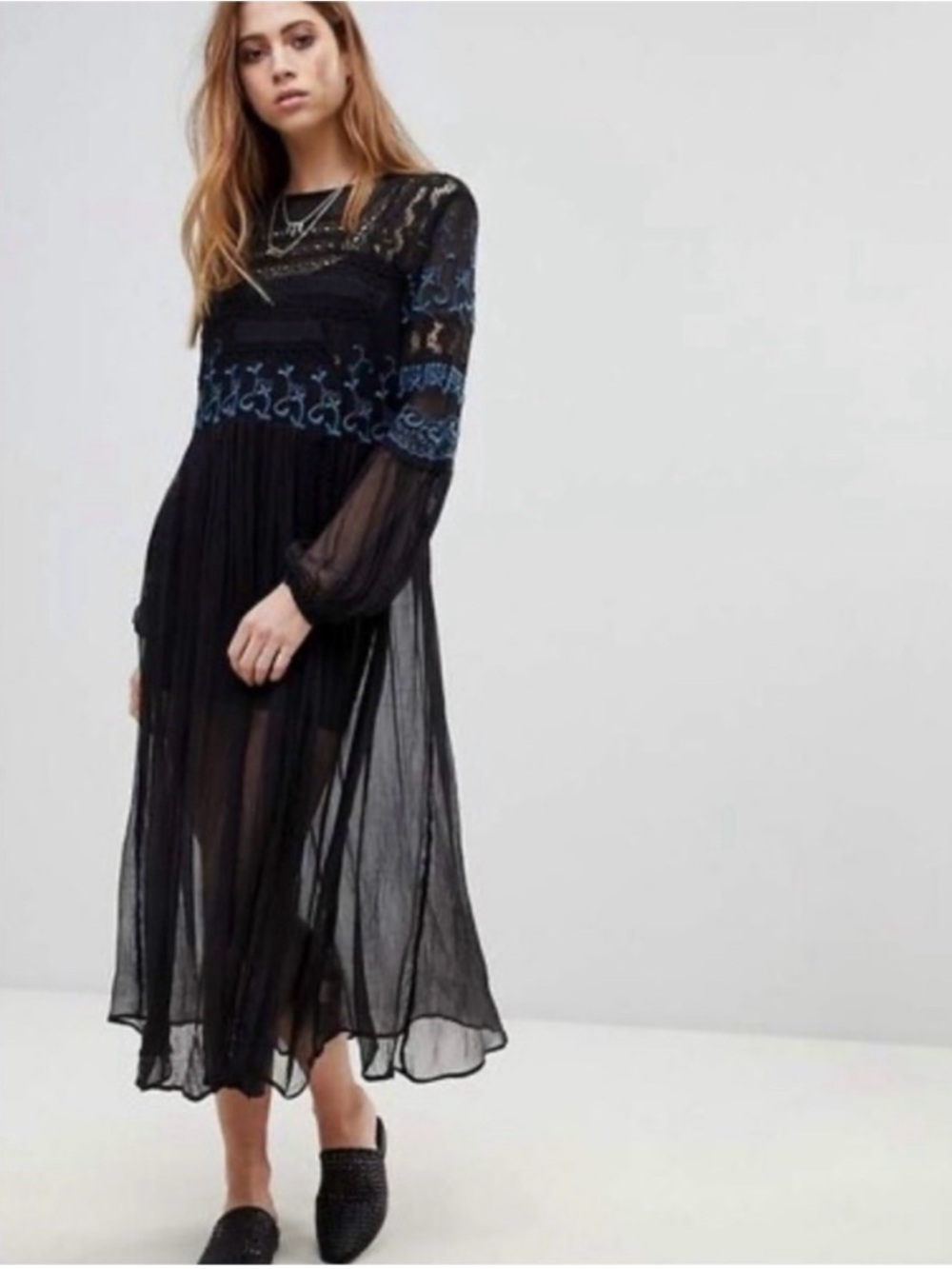 Free People Long Black Tunic Sweet Sunny Days Embroidered Top - Picture 2 of 16